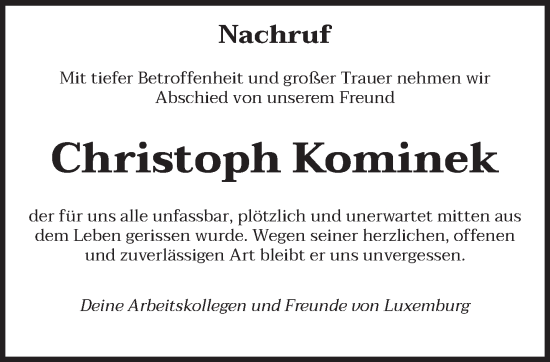 Todesanzeige von Christoph Kominek von trierischer_volksfreund