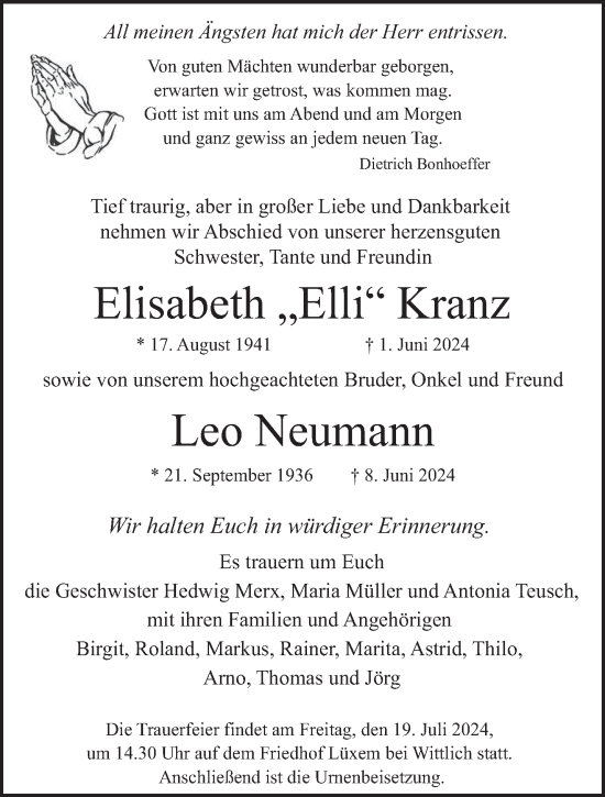 Todesanzeige von Elisabeth Kranz und Leo Neumann von trierischer_volksfreund