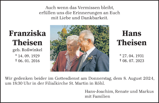 Todesanzeige von Franziska und Hans Theisen von trierischer_volksfreund