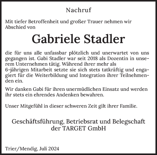 Todesanzeige von Gabriele Stadler von trierischer_volksfreund