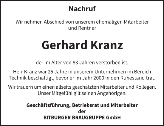 Todesanzeige von Gerhard Kranz von trierischer_volksfreund