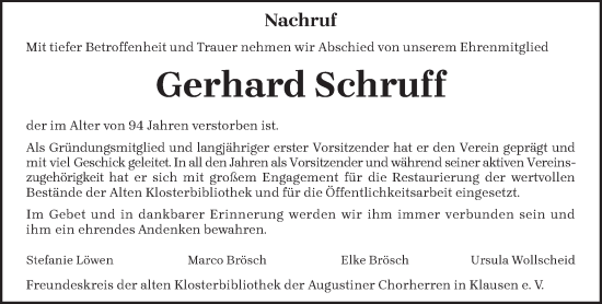 Todesanzeige von Gerhard Schruff von trierischer_volksfreund