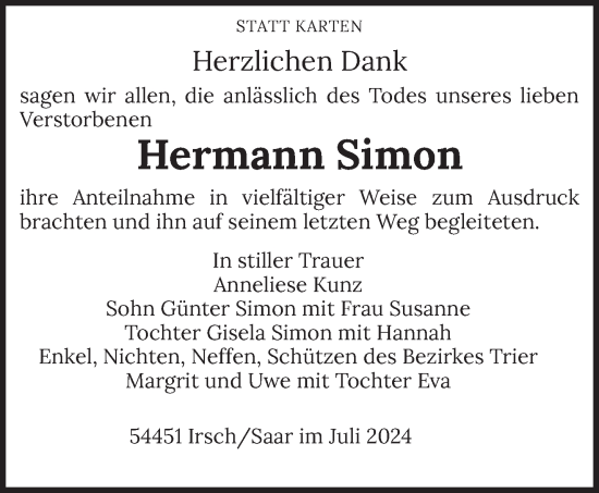 Todesanzeige von Hermann Simon von trierischer_volksfreund