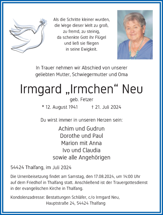 Todesanzeige von Irmgard Neu von trierischer_volksfreund