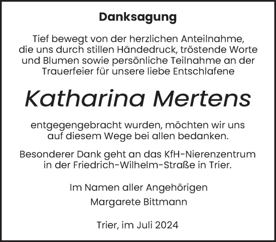 Todesanzeige von Katharina Mertens von trierischer_volksfreund