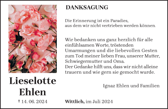 Todesanzeige von Lieselotte Ehlen von trierischer_volksfreund
