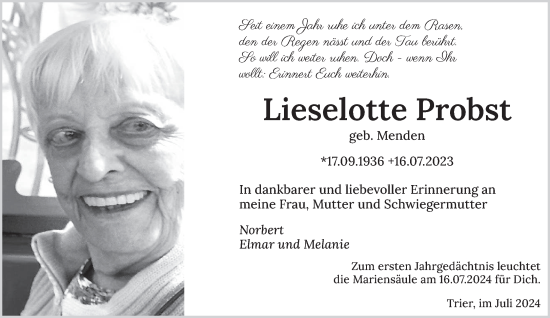 Todesanzeige von Lieselotte Probst von trierischer_volksfreund