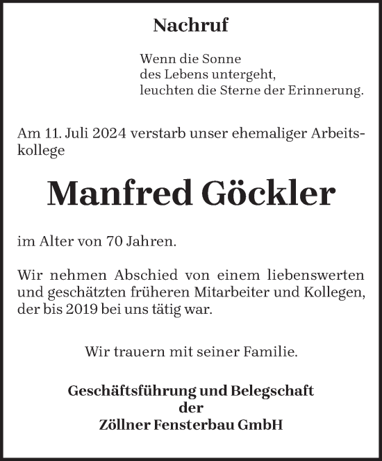 Todesanzeige von Manfred Göckler von trierischer_volksfreund