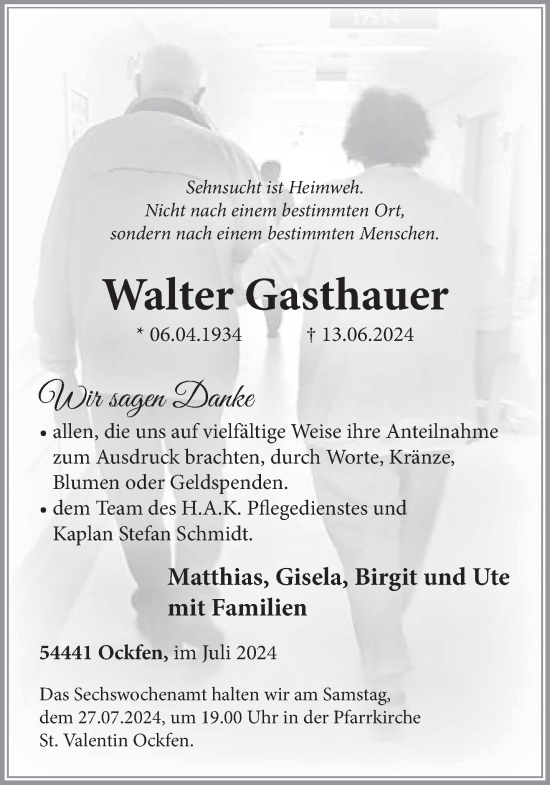 Todesanzeige von Walter Gasthauer von trierischer_volksfreund