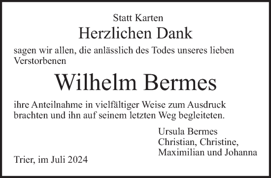 Todesanzeige von Wilhelm Bermes von trierischer_volksfreund