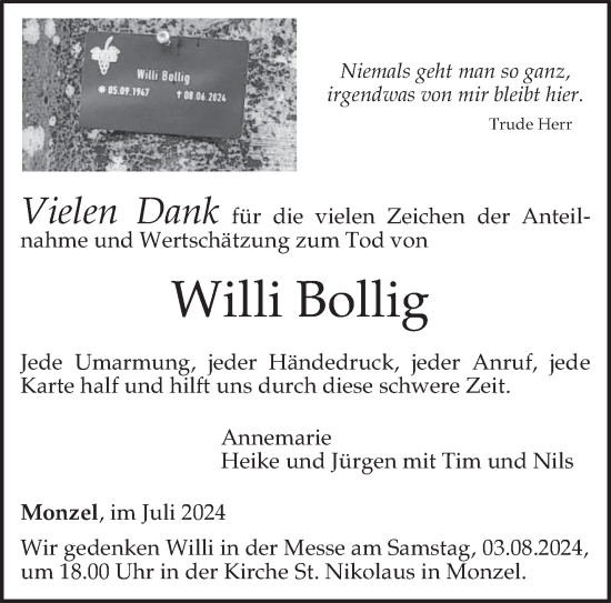 Todesanzeige von Willi Bollig von trierischer_volksfreund