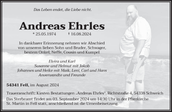 Todesanzeige von Andreas Ehrles von trierischer_volksfreund