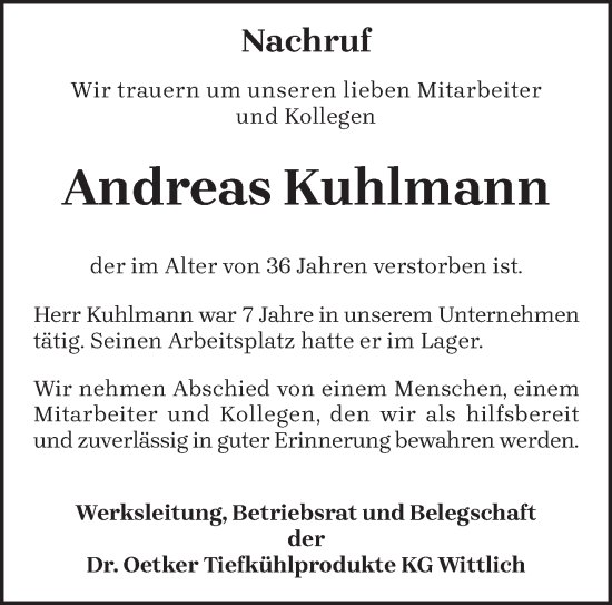 Todesanzeige von Andreas Kuhlmann von trierischer_volksfreund