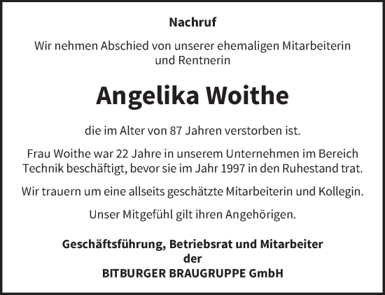 Todesanzeige von Angelika Woithe von trierischer_volksfreund