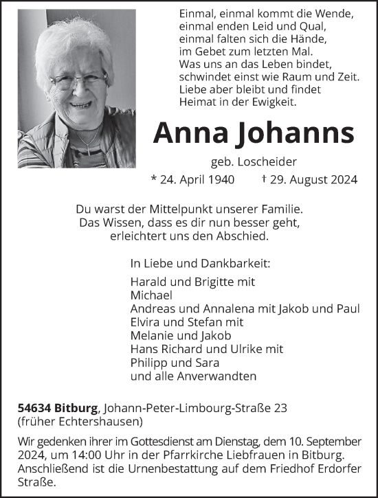 Todesanzeige von Anna Johanns von trierischer_volksfreund