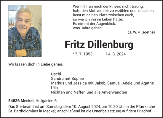 Todesanzeige von Fritz Dillenburg von trierischer_volksfreund