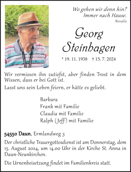 Todesanzeige von Georg Steinhagen von trierischer_volksfreund