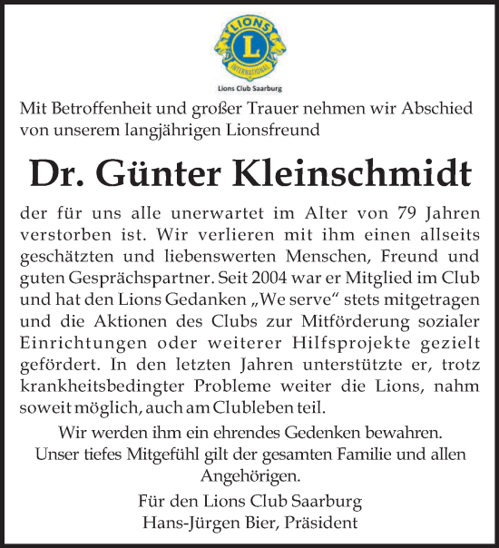 Todesanzeige von Günter Kleinschmidt von trierischer_volksfreund