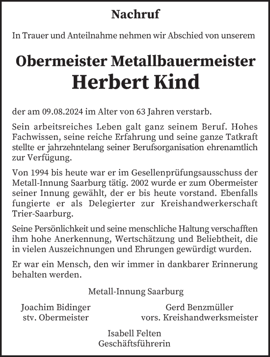 Todesanzeige von Herbert Kind von trierischer_volksfreund