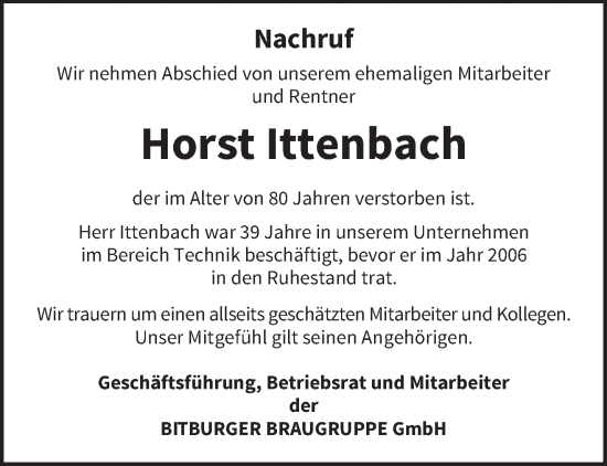 Todesanzeige von Horst Ittenbach von trierischer_volksfreund