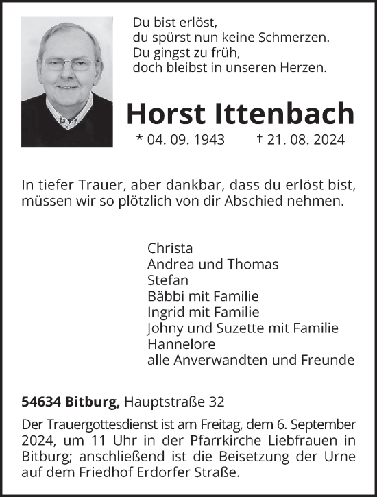 Todesanzeige von Horst Ittenbach von trierischer_volksfreund