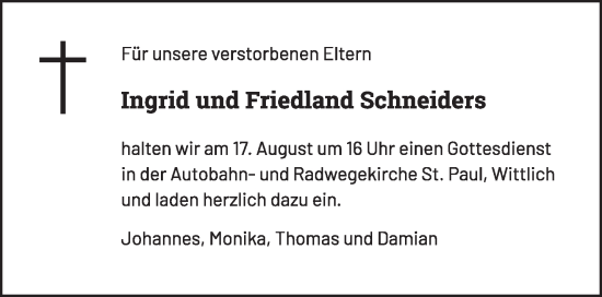 Todesanzeige von Ingrid und Friedland Schneiders von trierischer_volksfreund