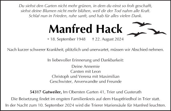 Todesanzeige von Manfred Hack von trierischer_volksfreund