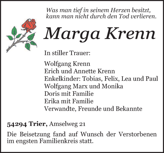 Todesanzeige von Marga Krenn von trierischer_volksfreund