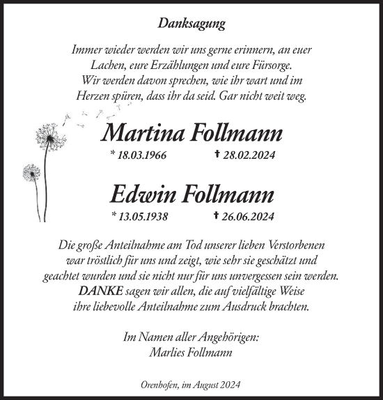 Todesanzeige von Martina und Edwin Follmann von trierischer_volksfreund
