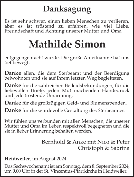 Todesanzeige von Mathilde Simon von trierischer_volksfreund