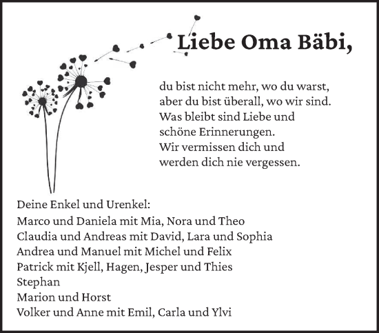 Todesanzeige von Oma Bäbi  von trierischer_volksfreund