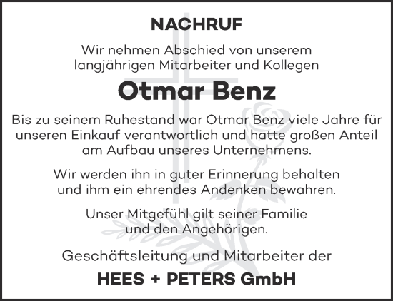 Todesanzeige von Otmar Benz von trierischer_volksfreund