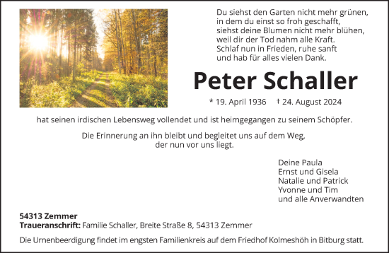 Todesanzeige von Peter Schaller von trierischer_volksfreund