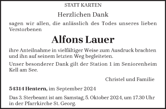 Todesanzeige von Alfons Lauer von trierischer_volksfreund
