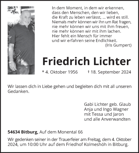 Todesanzeige von Friedrich Lichter von trierischer_volksfreund
