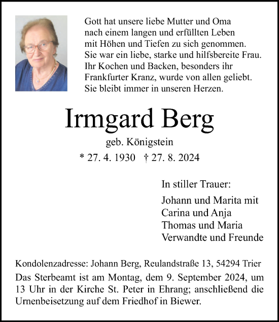 Todesanzeige von Irmgard Berg von trierischer_volksfreund