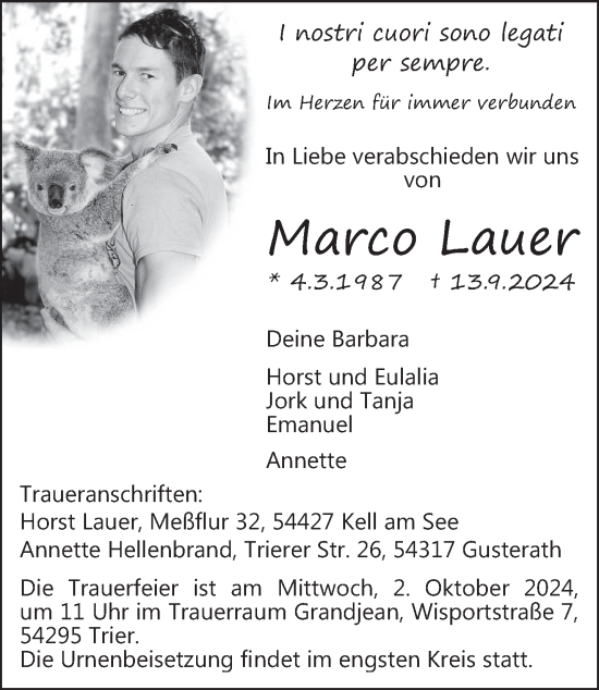Todesanzeige von Marco Lauer von trierischer_volksfreund