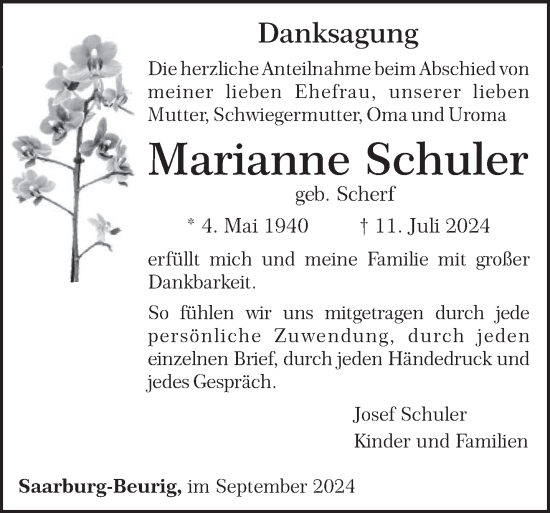 Todesanzeige von Marianne Schuler von trierischer_volksfreund