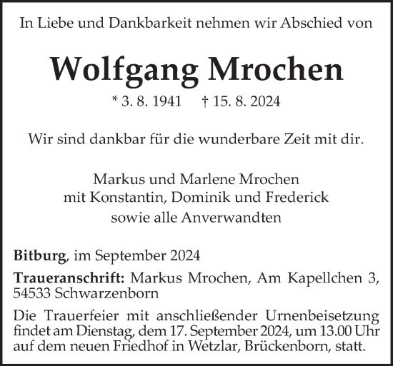 Todesanzeige von Wolfgang Mrochen von trierischer_volksfreund