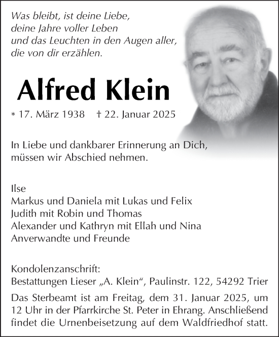 Todesanzeige von Alfred Klein von trierischer_volksfreund