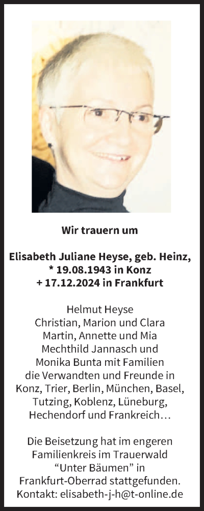 Todesanzeige von Elisabeth Juliane Heyse von trierischer_volksfreund