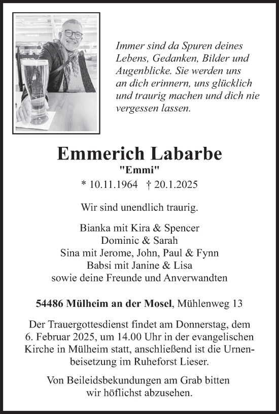 Todesanzeige von Emmerich Labarbe von trierischer_volksfreund