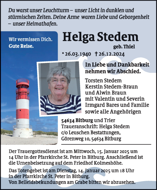 Todesanzeige von Helga Stedem von trierischer_volksfreund