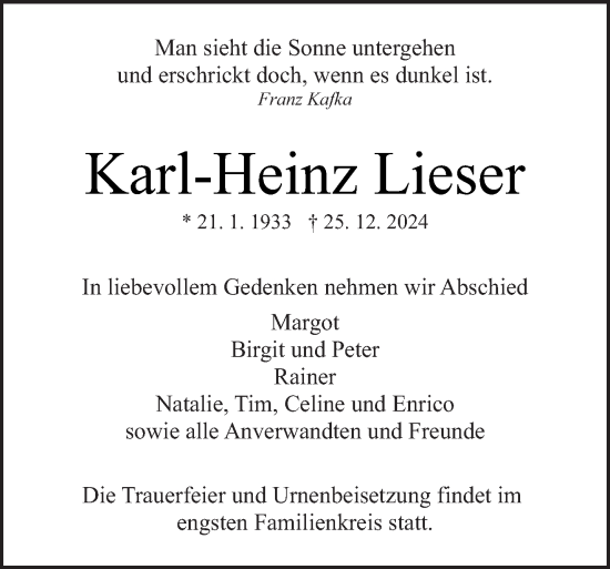 Todesanzeige von Karl-Heinz Lieser von trierischer_volksfreund