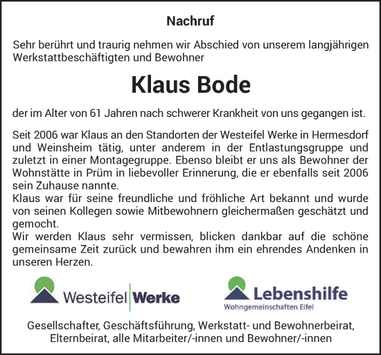 Todesanzeige von Klaus Bode von trierischer_volksfreund