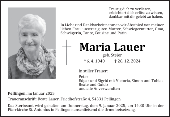 Todesanzeige von Maria Lauer von trierischer_volksfreund