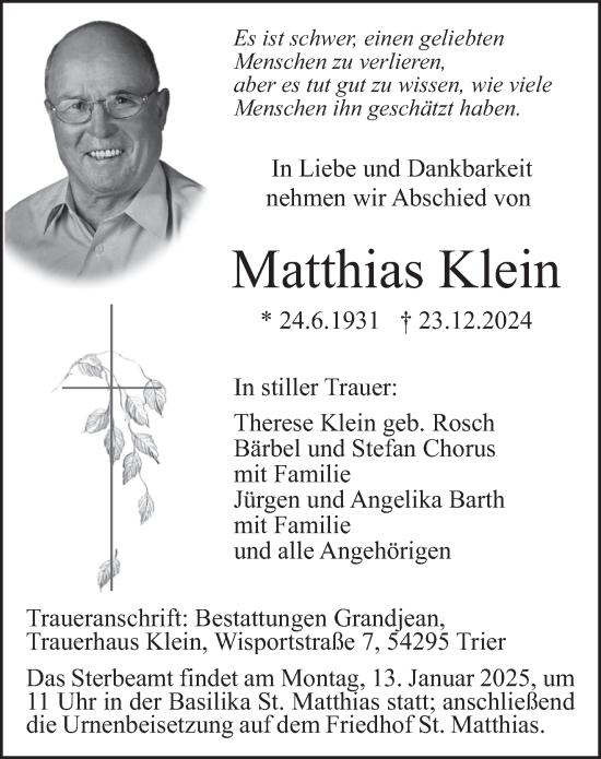 Todesanzeige von Matthias Klein von trierischer_volksfreund