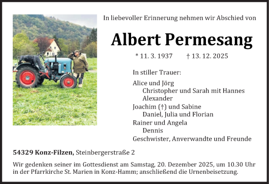 Todesanzeige von Albert Permesang von trierischer_volksfreund