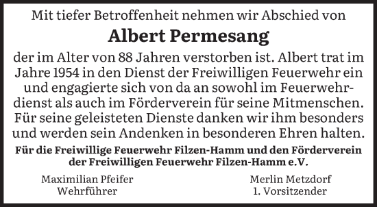 Todesanzeige von Albert Permesang von trierischer_volksfreund