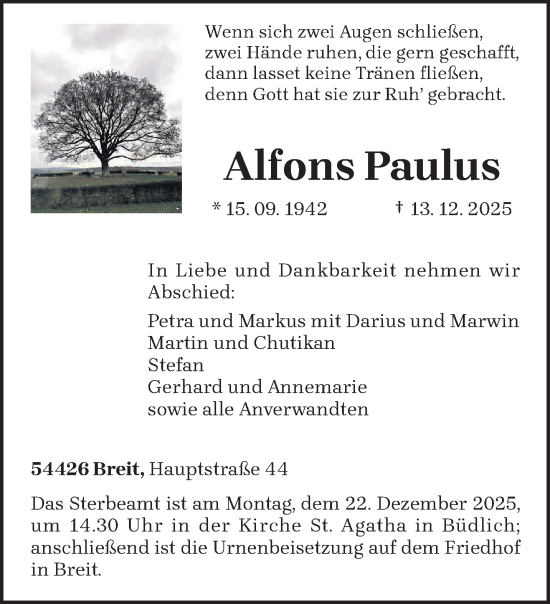 Todesanzeige von Alfons Paulus von trierischer_volksfreund